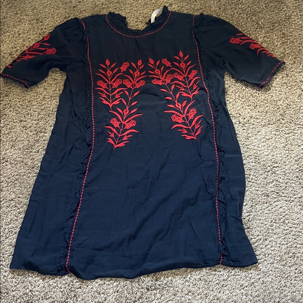 Zara Navy Dress with Red Embroidery | Size Small